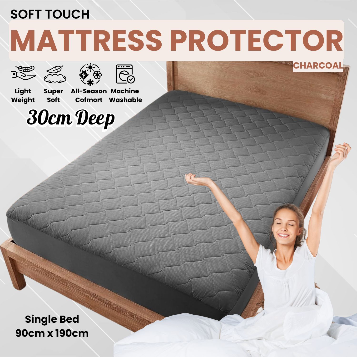 TEMU Luxury Quilted Mattress Protector Charcoal | Deep Fitted Mattress Cover With Padding | Soft Mattress Protector For Single, Double, King & Super
