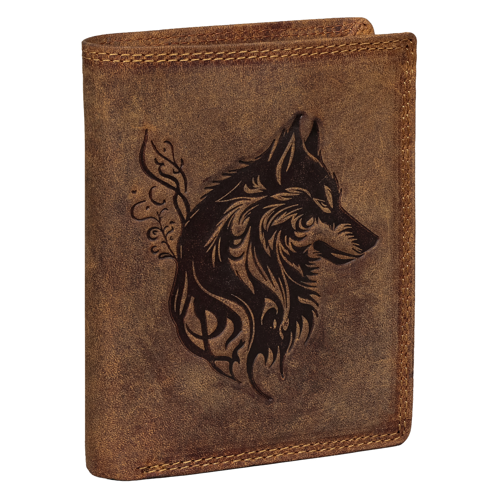 Image of Rfid Buffalo Genuine Leather Men's Wallet With Embossed Wolf Design In Tan, Portrait Orientation