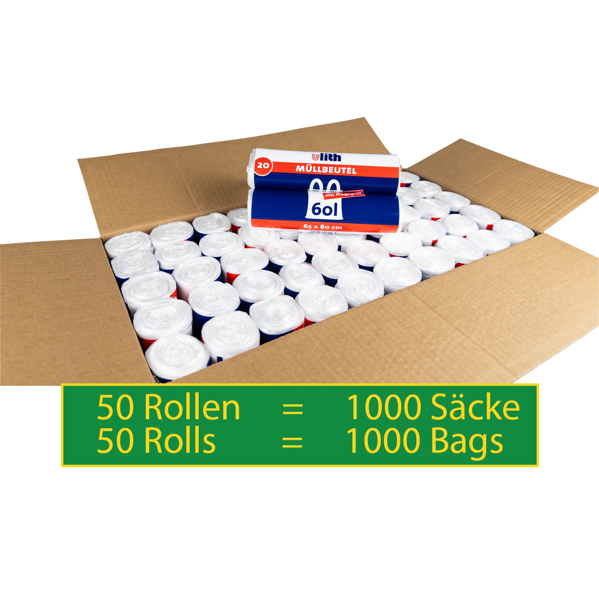 E-shop 50 Rollen / 1000 Säcke Müllbeutel/Mülltüten mit Tragegriff, 60 Liter, 20 Stück pro Rolle, Reißfest & Flüssigkeitsdicht, Produkt & Verpackung