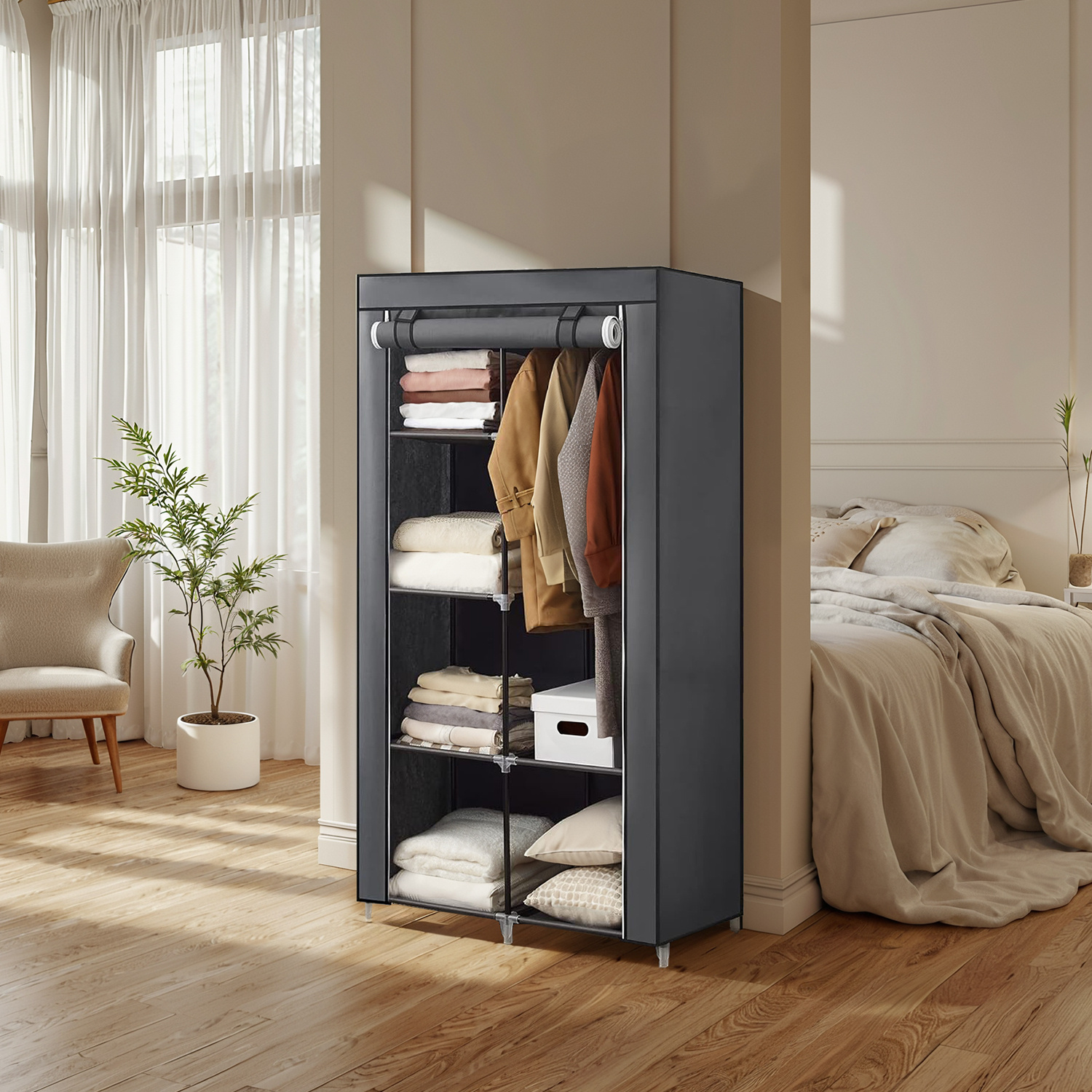 Wardrobe, 1 Clothes Rail, 6 Levels, 88 X 45 Cm, Velvet, Metal Frame