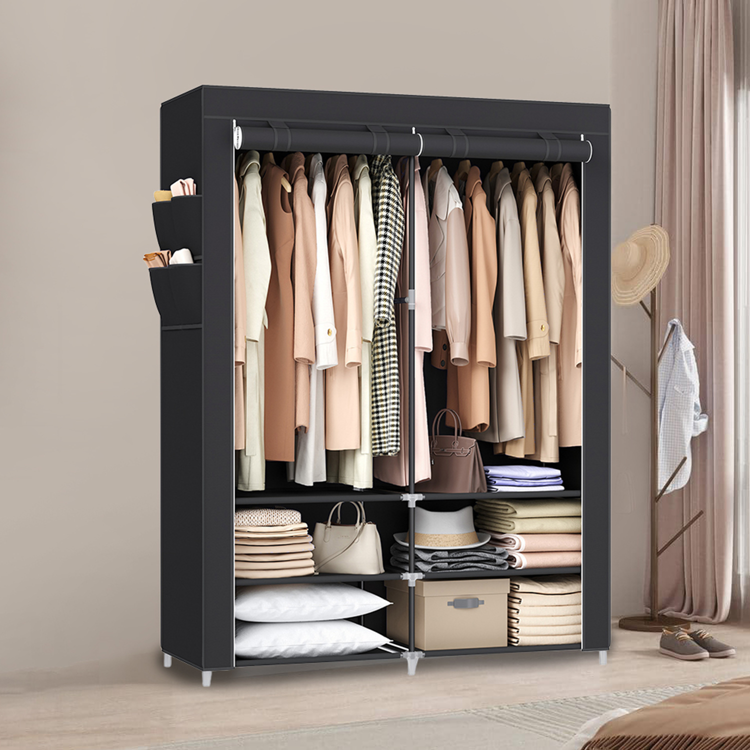 Clothing Cabinet, Wardrobe, 45 X 127 X 176 Cm, 2 Hanging Rods, With Shelves, 4 Side Pockets