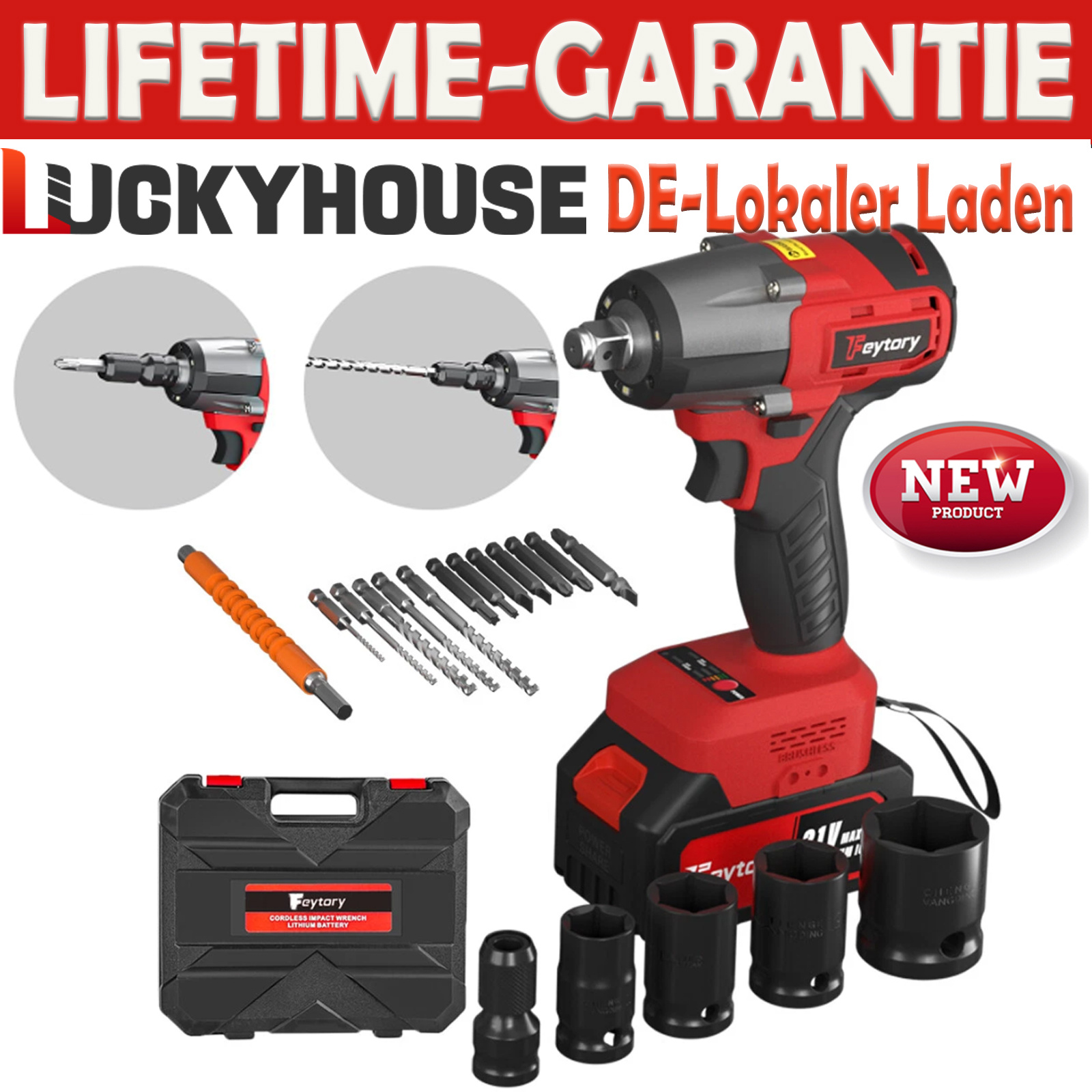 E-shop Luckyhouse® Profi 3 In 1 Bürstenlose Kabelloser Schlagenschlüssel 1/2" - Bürstenlose Antriebstechnik - 2500 U/min - Max. Drehmoment 550 Nm -