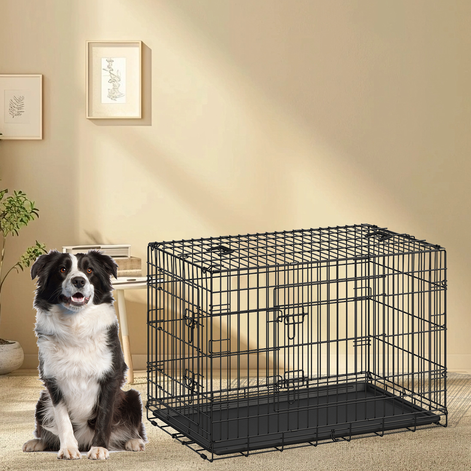 Xxl Dog Cage, 122 X 74.5 X 80.5 Cm, Foldable, With 2 Doors, Featuring A Removable Plastic Tray