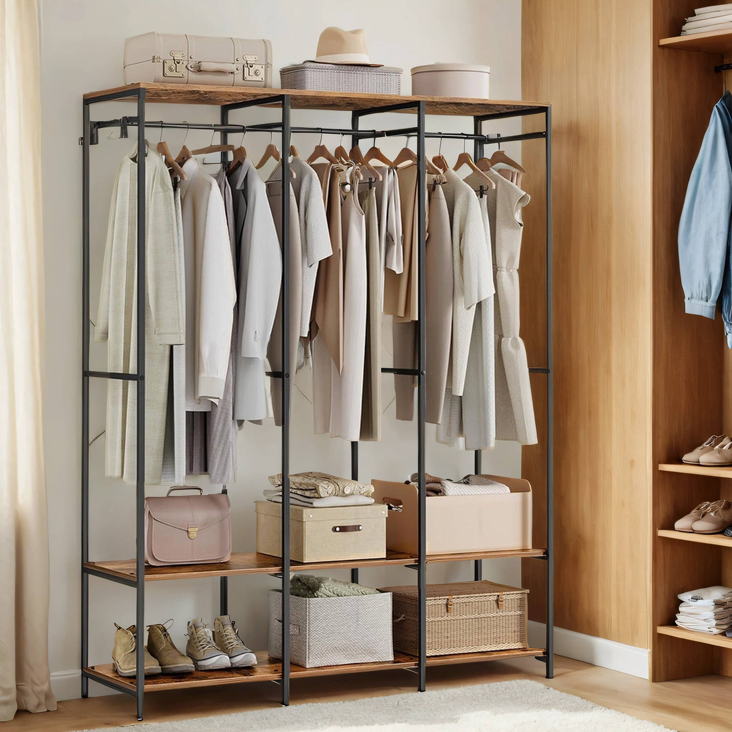 E-shop Kleiderschrank offen, Kleiderständer, Garderobe mit Kleiderstange, Garderobenständer, Ablagen, abnehmbare Haken, 40 x 141 x 180 cm