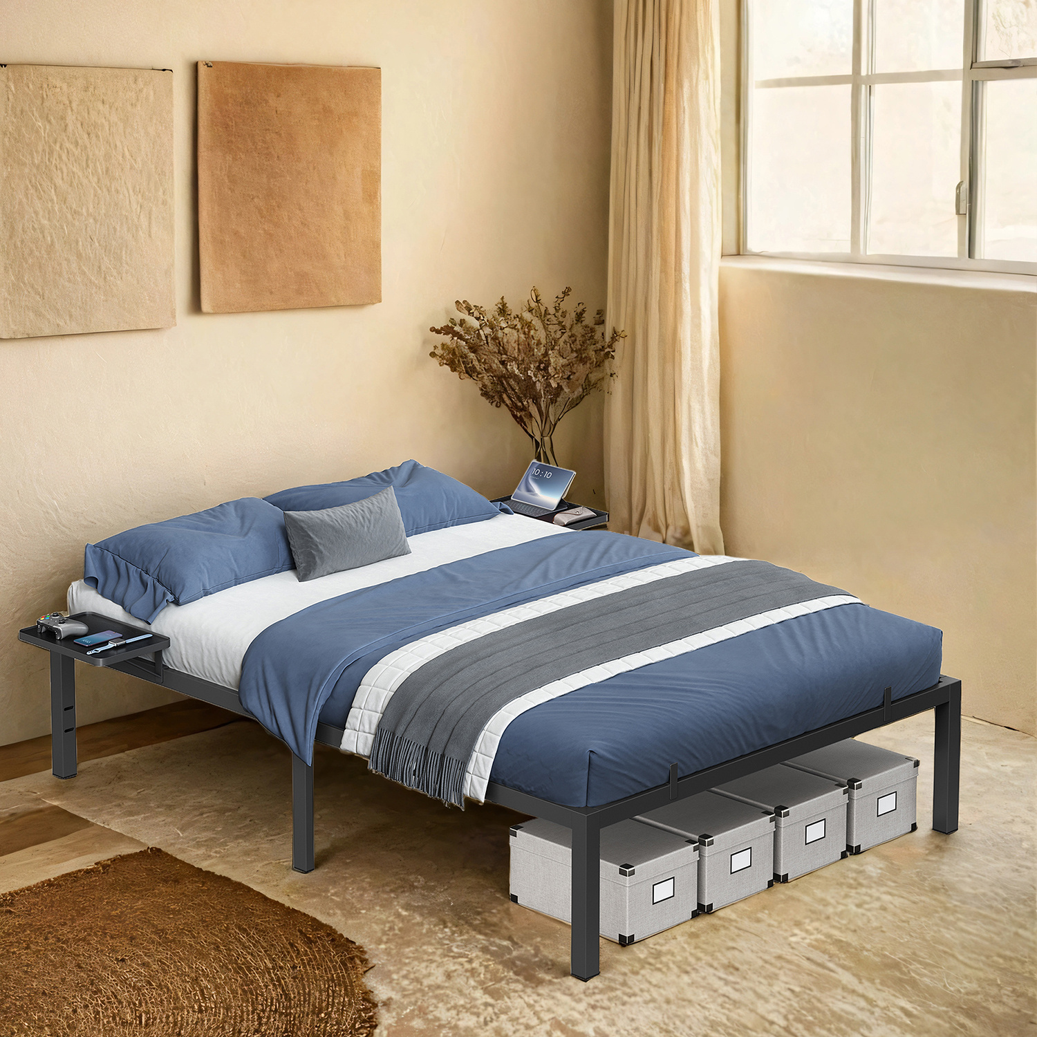 Bed Frame, Bed Frame, Metal Bed Frame With Storage Shelves, Guest Bed, 140 X 200 Cm, Black