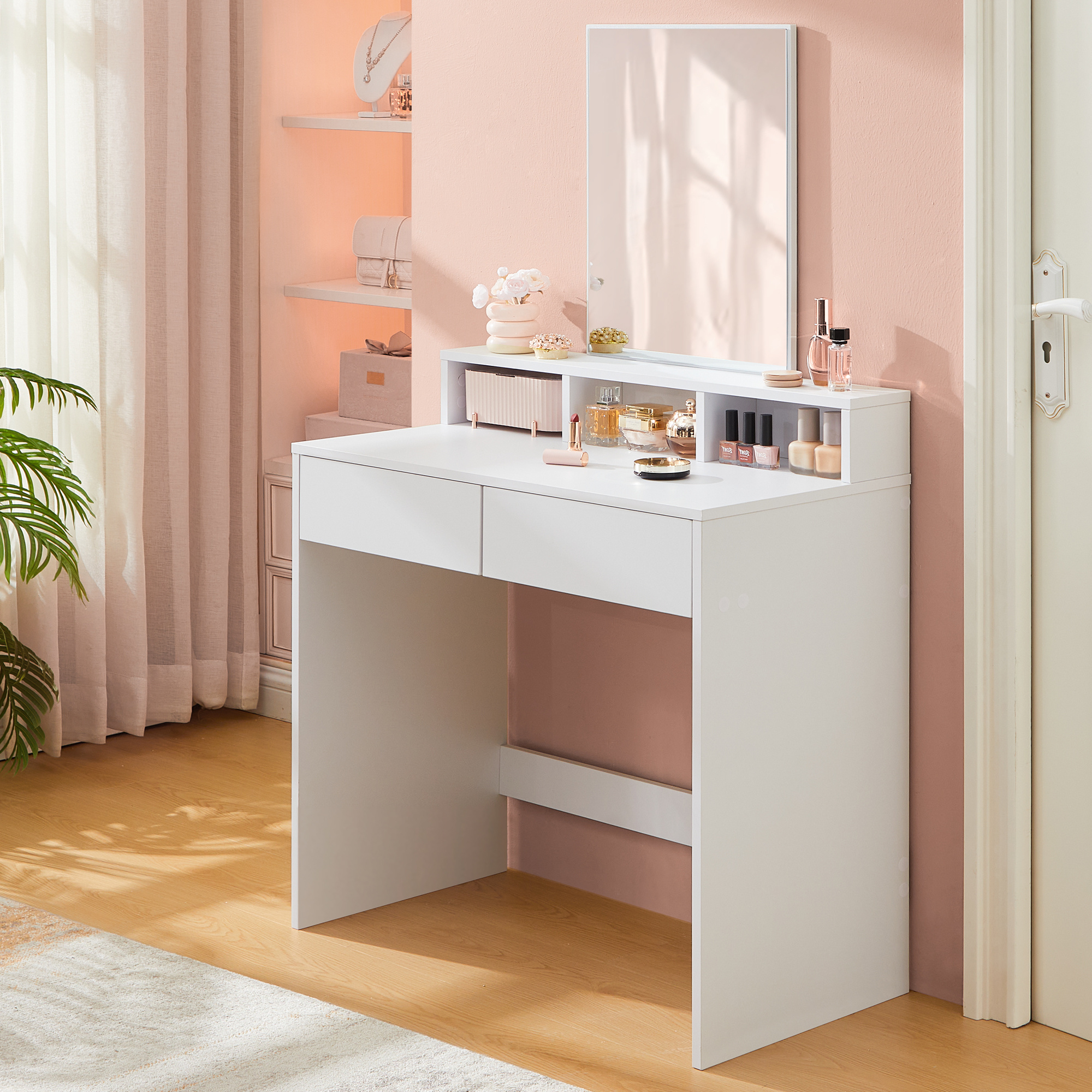 Image of Minimalist Storage Console, Dressing Table With Large Mirror, 2 Drawers, 3 Open Shelves, 80 X 40 X 140 Cm, Suitable For Bedroom And Living Room, White