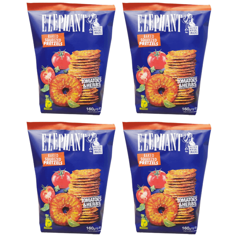 Image of Crunchy, Oven-baked Pretzel Slices With Tomato And Herb Flavor 4 X 160g | Elephant Baked Squeezed Pretzels Tomatoes & Herbs