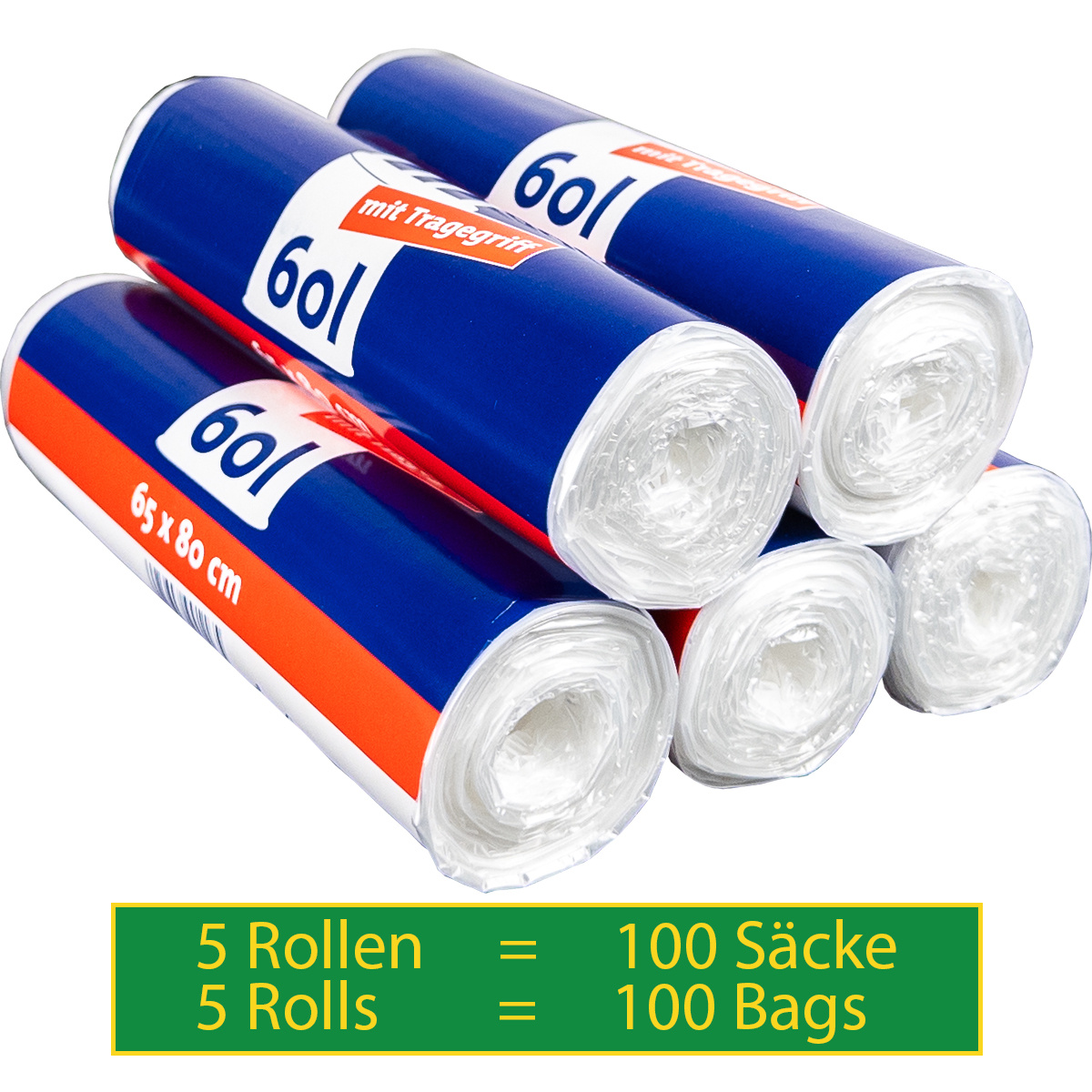 E-shop 5 Rollen / 100 Säcke Müllbeutel/Mülltüten mit Tragegriff, 60 Liter, 20 Stück pro Rolle, Reißfest & Flüssigkeitsdicht, Produkt & Verpackung