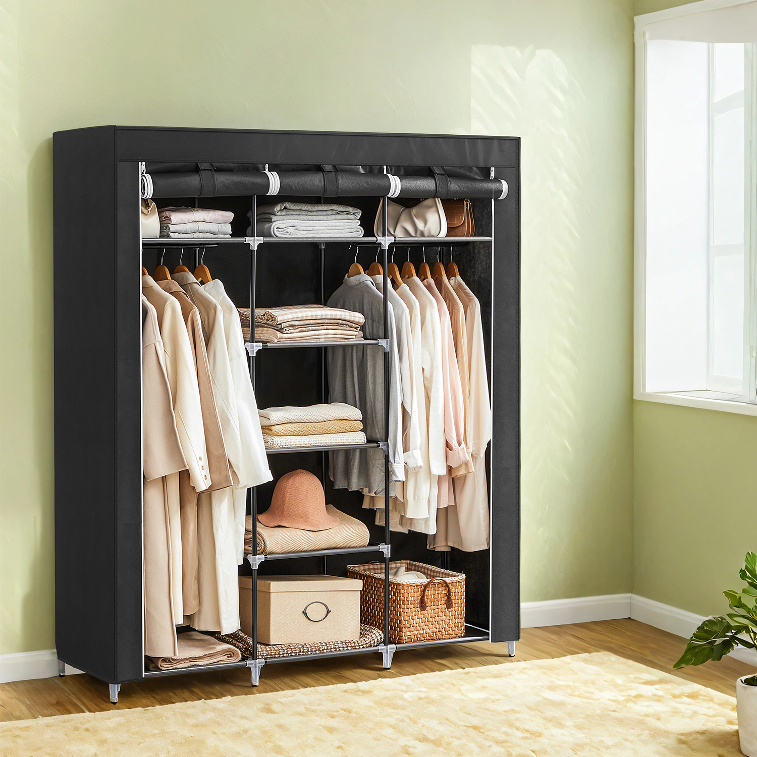 E-shop Kleiderschrank, Stoffschrank, faltbare Garderobe mit Kleiderstangen, Kleiderständer, Aufbewahrung, , Schuhe, 45 x 150 x 175 cm