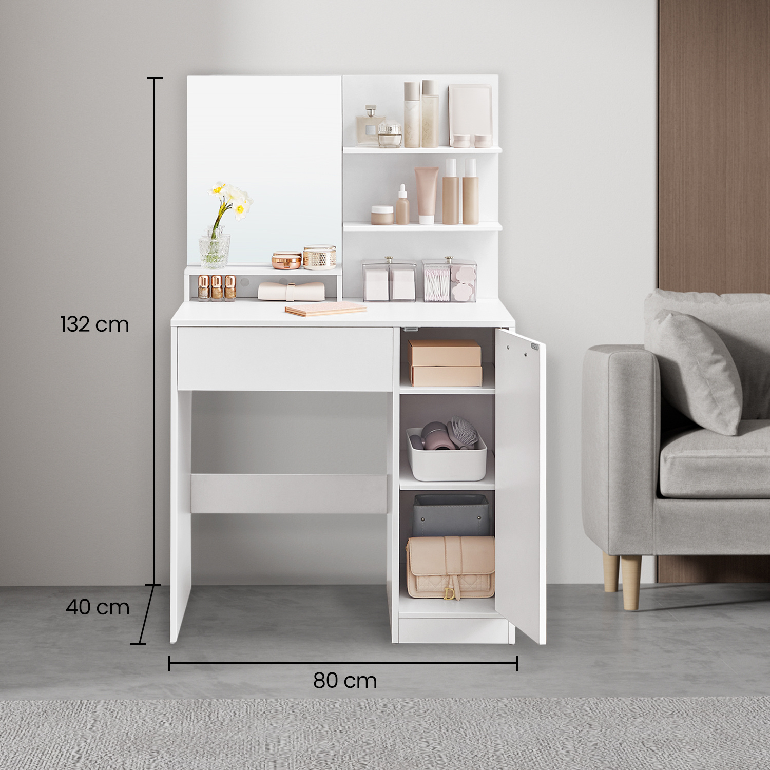TEMU Storage Console With Mirrored Vanity Cabinet, Featuring Storage Compartments, Dimensions 80 X 40 X 132 Cm. Includes 2 Adjustable Shelves, 1
