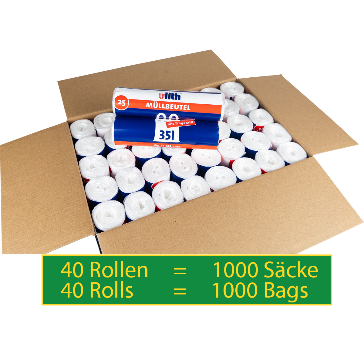 40 Rolls / 1000 Bags Trash Bags With Handles, 35 , 25 Bags Per Roll, Tear-resistant & Leak-proof, Product & Packaging, Garbage Bags