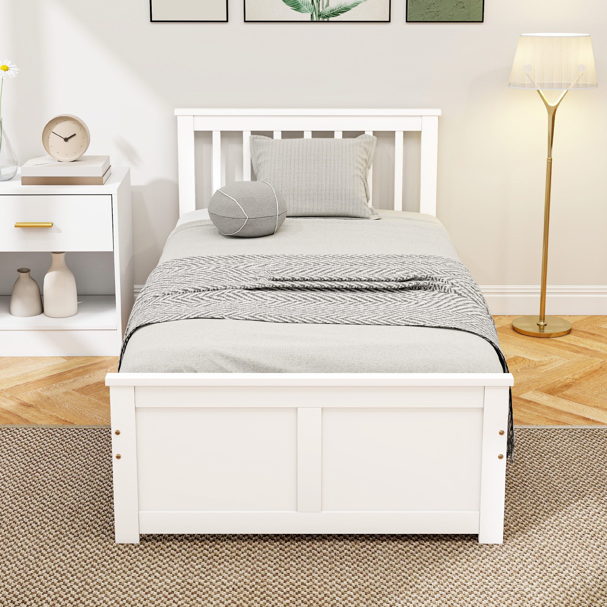 TEMU 3ft Single Solid Wooden Bed Frame, Pine Storage Bed With Drawers, Headboard, Wood Slat Support, Spring Needed, Easy Assembly, 90 X 190 Cm, White