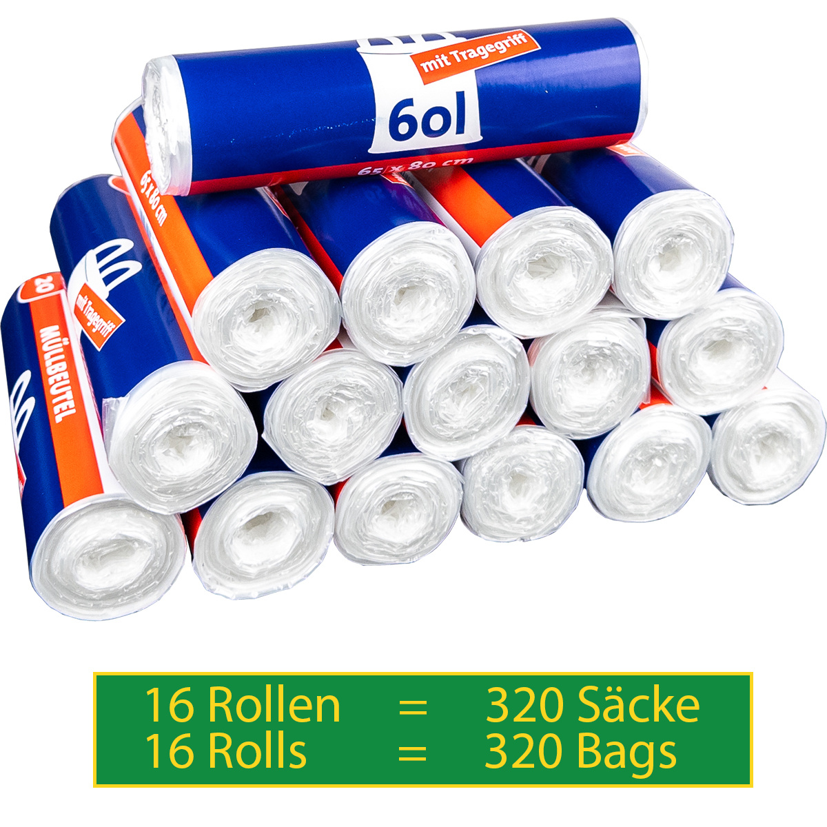 E-shop 16 Rollen / 320 Säcke Müllbeutel/Mülltüten mit Tragegriff, 60 Liter, 20 Stück pro Rolle, Reißfest & Flüssigkeitsdicht, Trash Bags