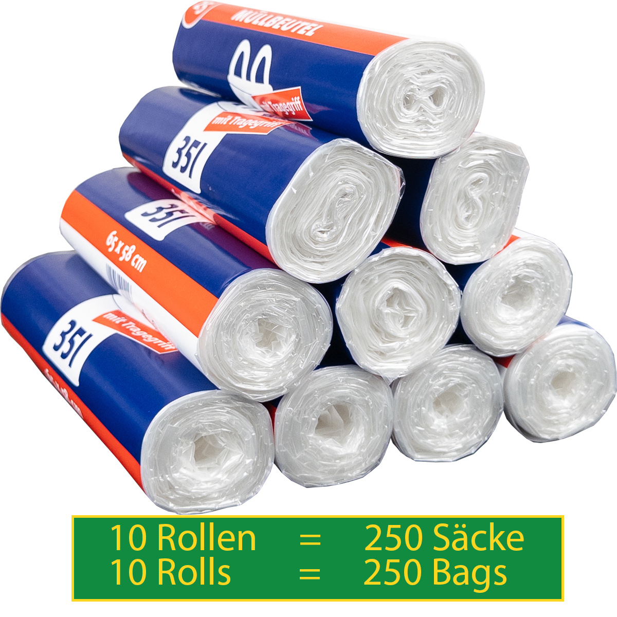 E-shop 10 Rollen / 250 Säcke Müllbeutel/Mülltüten mit Tragegriff, 35 Liter, 25 Stück pro Rolle, Reißfest & Flüssigkeitsdicht, Produkt & Verpackung