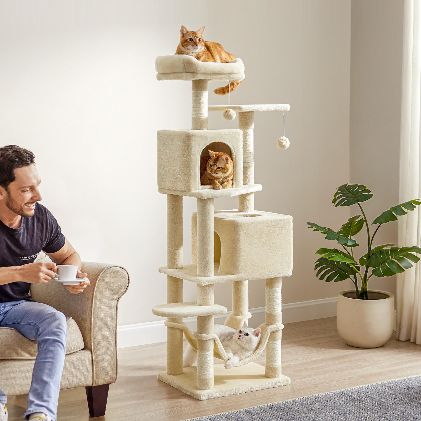 155 Cm Cat Tower For Indoor Cats, Plush Multi-level Cat Condo