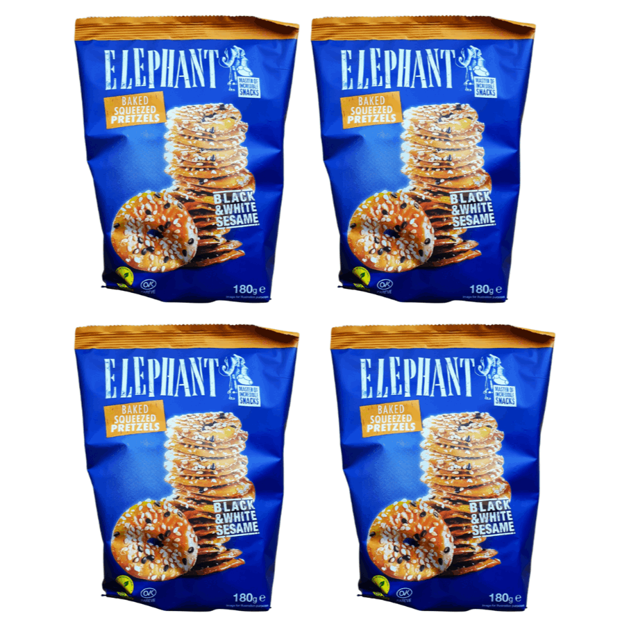 Image of Elephant Baked Squeezed Pretzels – Black & White Sesame 4 X 180 G | Crispy, Oven-baked Pretzel Slices With Black & White Sesame