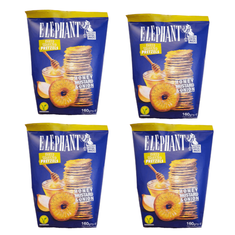 Image of Elephant Baked Squeezed Pretzels Honey Mustard & Onion 4 X 160 G - Crispy Pretzel Slices With Sweet And Spicy Honey Mustard Onion Flavor, In A Storage Pack.