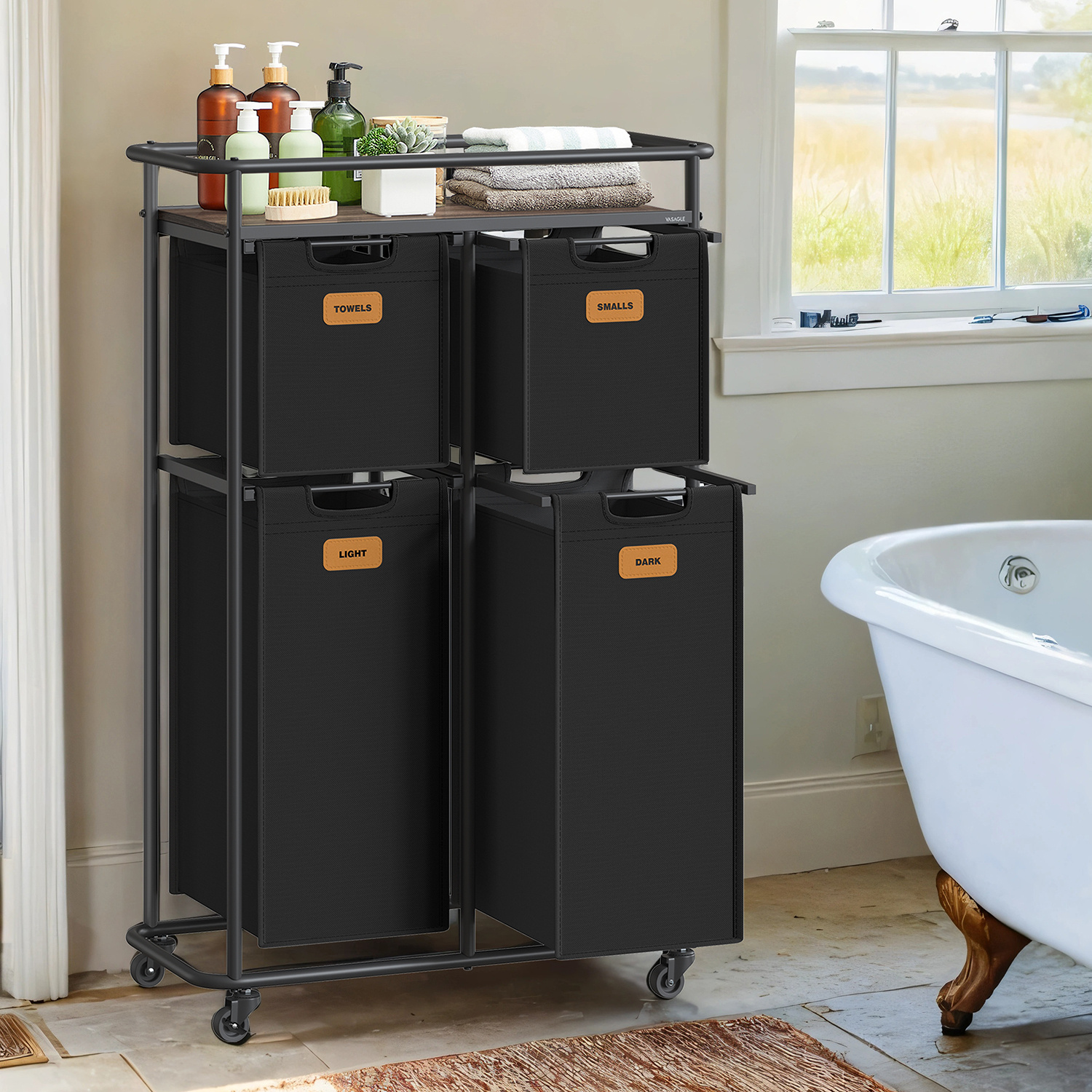 E-shop Wäschekorb, Wäschesortierer mit Rädern, 150 L, beweglicher Wäschewagen mit Ablage, 4 abnehmbare , 6 Etiketten, schwarz-braun