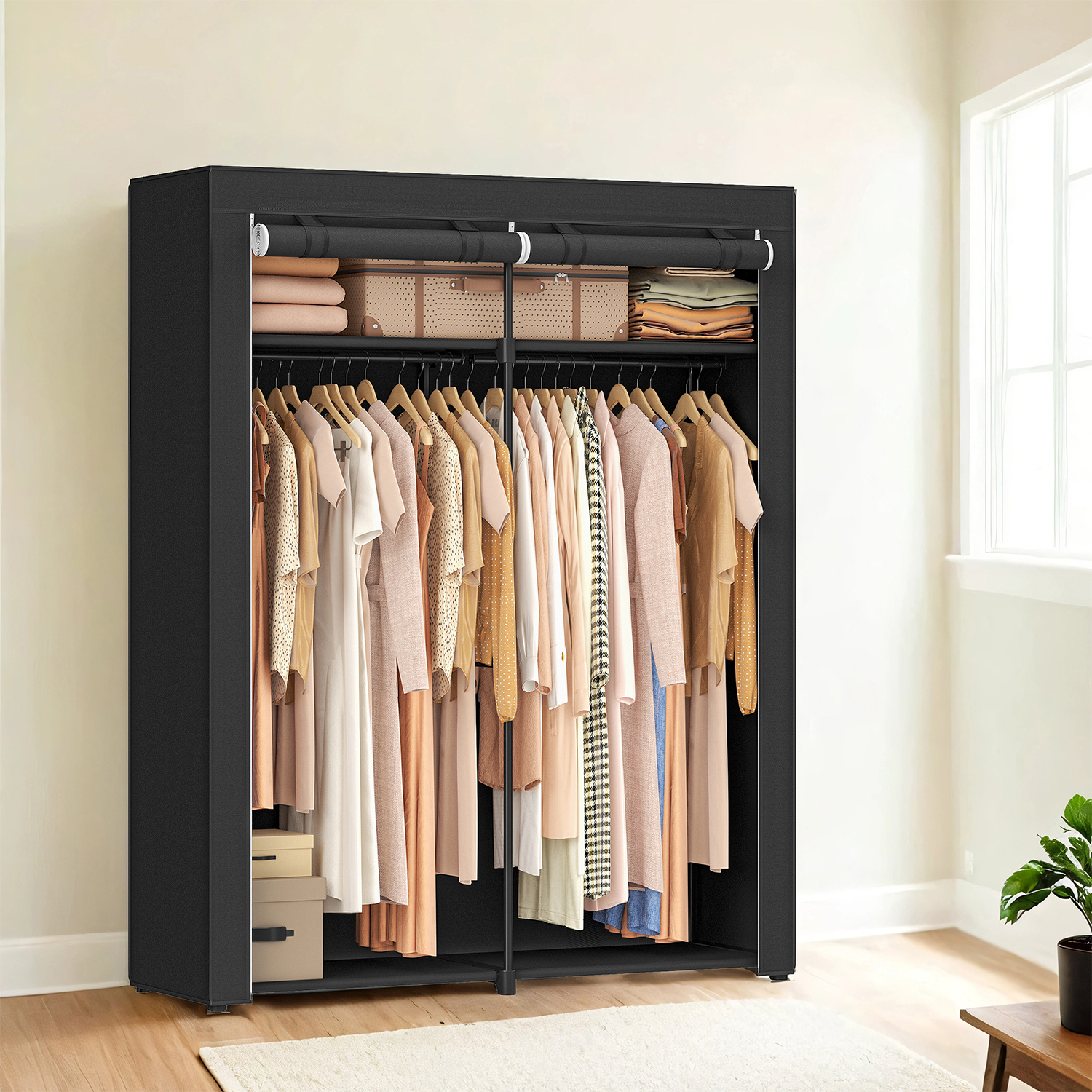 E-shop Kleiderschrank, Garderobe mit 2 Kleiderstangen, Kleidungsaufbewahrung, Stoffschrank, Kleiderständer, faltbar, 140 x 174 cm