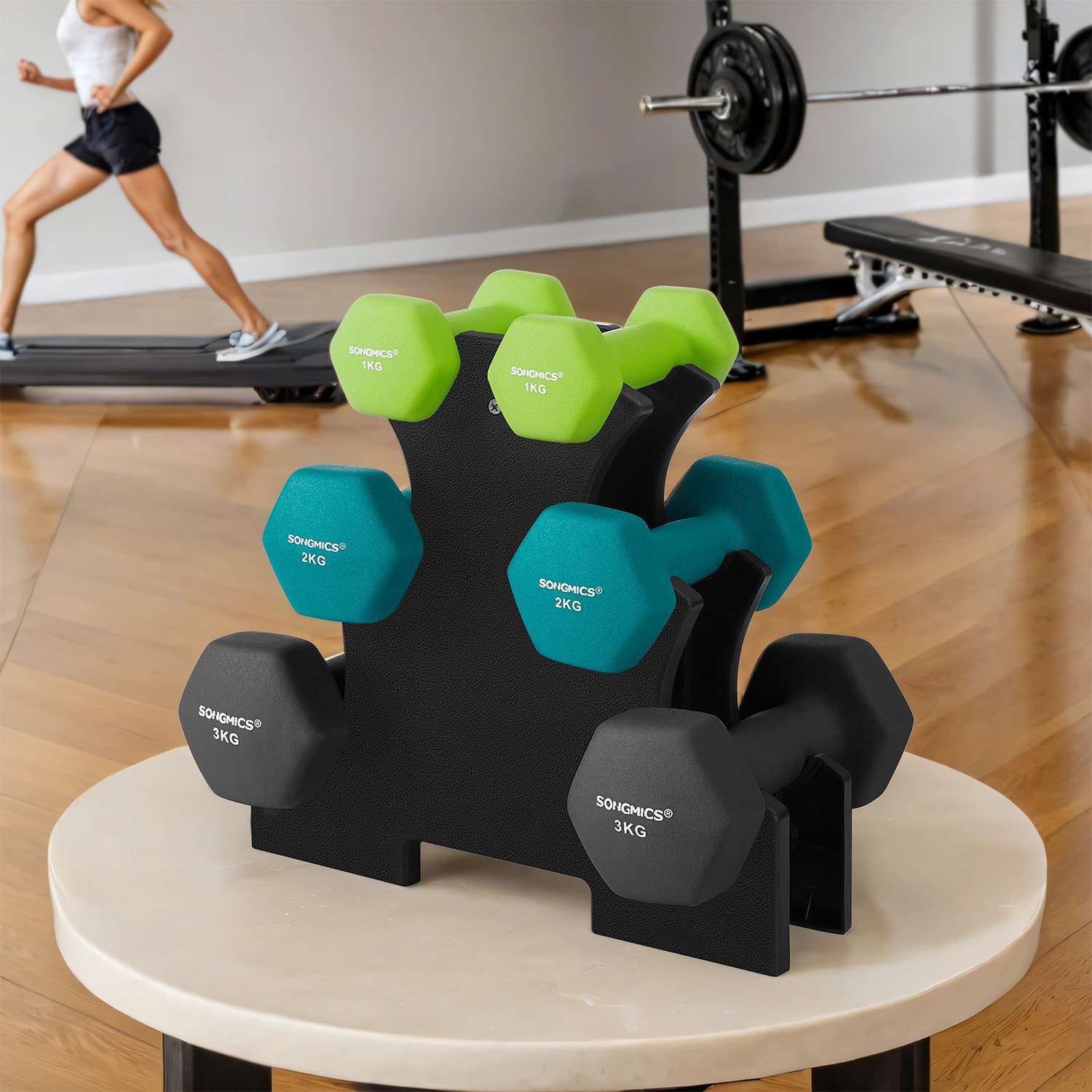 E-shop Hantel-Set, 3 Paar, 1 kg, 2 kg, 3 kg, Aufbewahrung, Fitnessstudio, Krafttraining, limettengrün, aquamarin und dunkelgrau