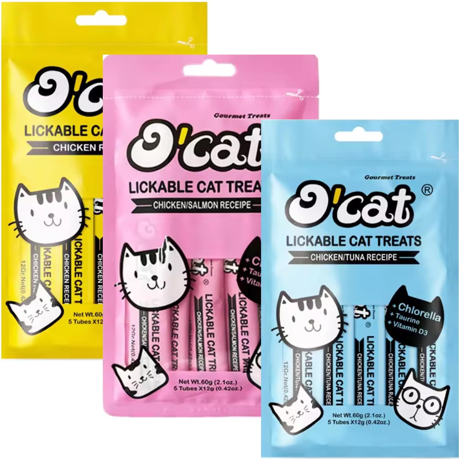 TEMU Pack de 3 de Snacks para Gatos – Pollo, Pollo con Atún y Pollo con Salmón, Lamberas con , y D3