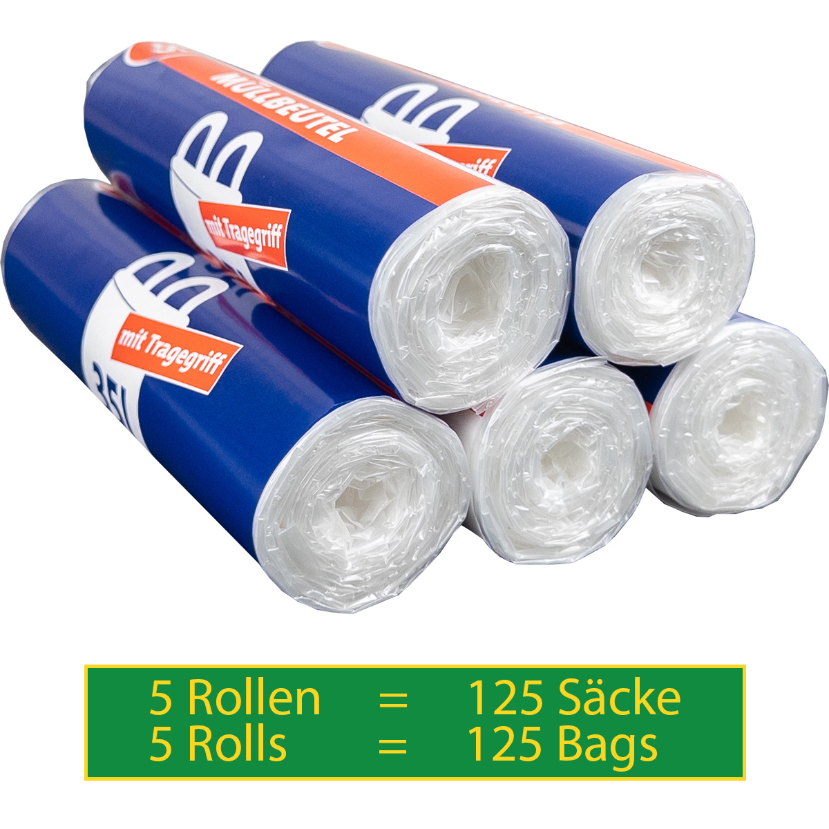 E-shop 5 Rollen / 125 Säcke Müllbeutel/Mülltüten mit Tragegriff, 35 Liter, 25 Stück pro Rolle, Reißfest & Flüssigkeitsdicht, Produkt & Verpackung