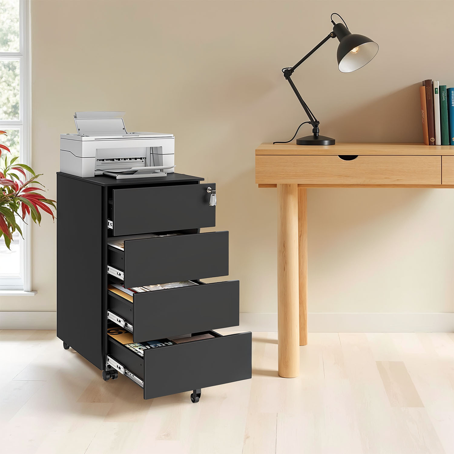 Rolling Cart, Metal Cabinet, Mobile File Cabinet, Printer Stand, Lockable, 4 Drawers, Pre-assembled, Office, 45.1 X 39 .3 Cm, Black