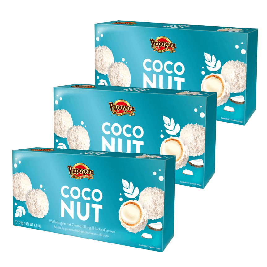 Image of Papagena Coconut Waffle Balls 3 X 120 G - Crispy Waffle Balls With Fine Cream Filling & Coconut Flakes - Coconut Pralines In A 3-pack