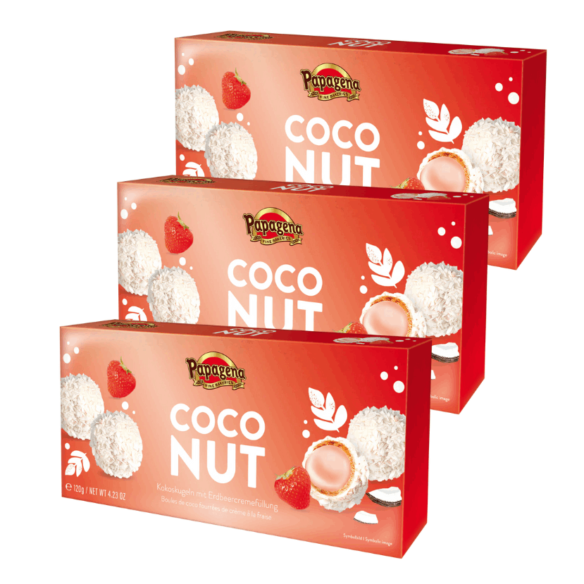 Image of Papagena Coconut Balls With Strawberry Cream Filling – 3 X 120 G – Crispy Coconut Pralines With Fruity Strawberry Cream – Delicate Coconut Pastries For Gifting & Enjoying