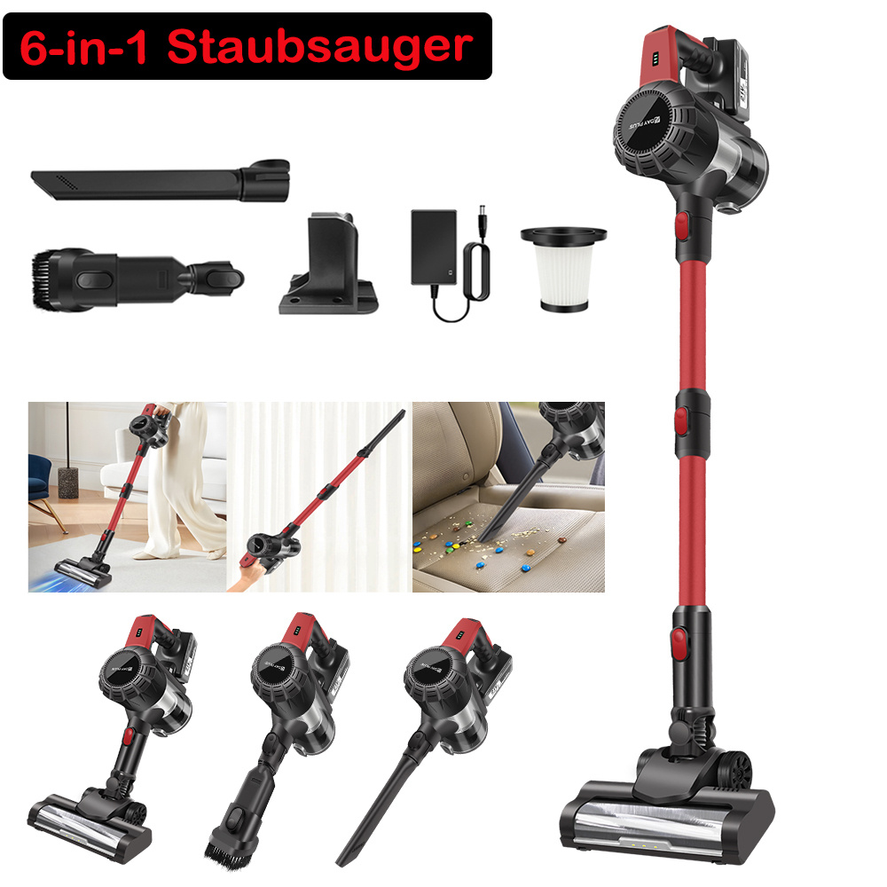 E-shop Kabelloser Stabstaubsauger, 15KPA Kabelloser Staubsauger 6 in 1, Handstaubsauger mit HEPA-Filtern, LED-Bürstenkopf, Kurz- und Langdüse für