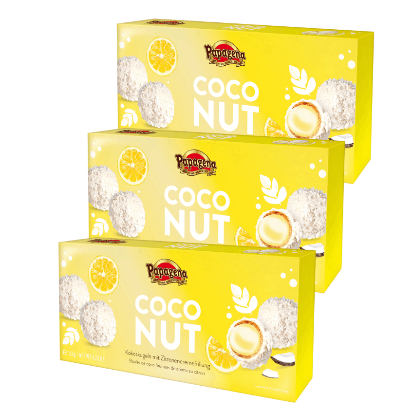 Image of Papagena Coconut Balls With Lemon Cream Filling 3 X 120 G – Crispy Coconut Pralines With Creamy Lemon Filling – Waffle Balls With Coconut & Lemon In A 3-pack
