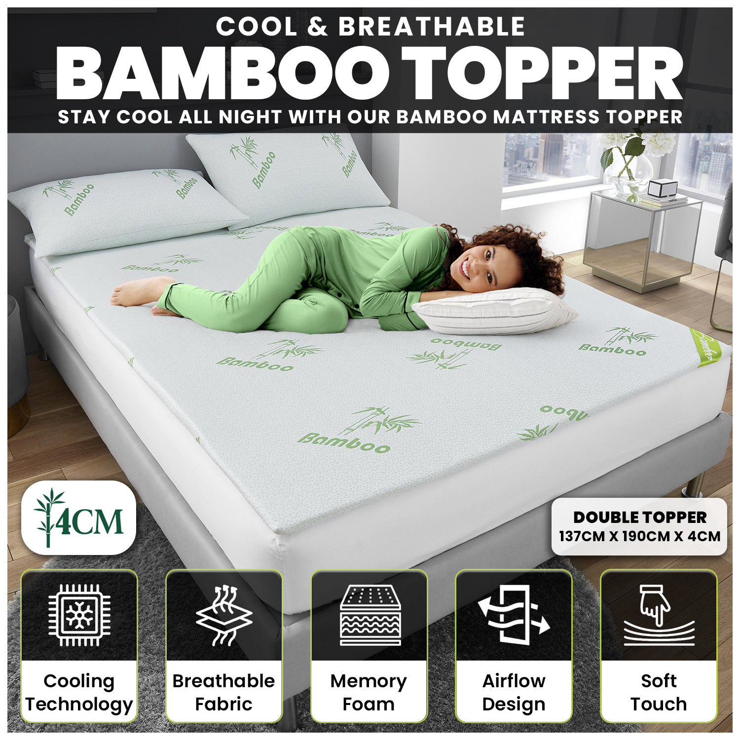 TEMU 4cm Memory Foam Mattress Topper Double | Removable Zipped Cover | Soft Support Topper | Breathable Cover