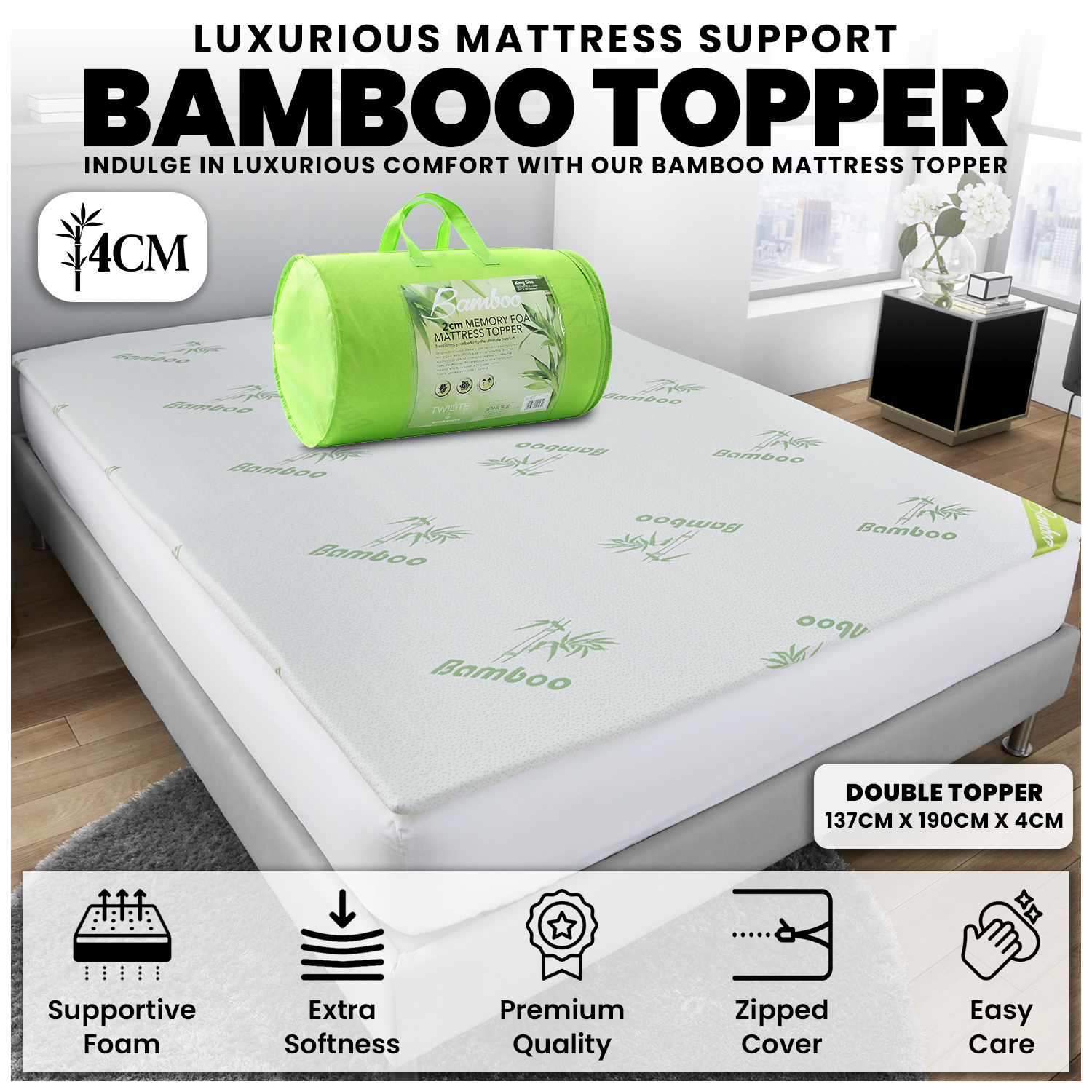 TEMU 4cm Memory Foam Mattress Topper With Breathable Bamboo Cover | Removable Zipped Cover | Double Size