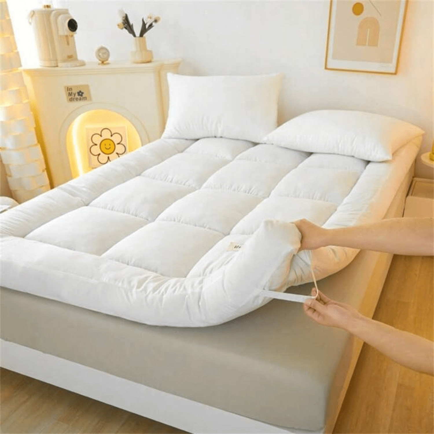 1pc Extra Thick Mattress Topper, Overfilled with 10cm Microfiber Filling with Deep Pocket, Plush Soft Pillow Top Mattress Topper Anti-Shift & Even Weight Distribution Single/Double/King/Super King