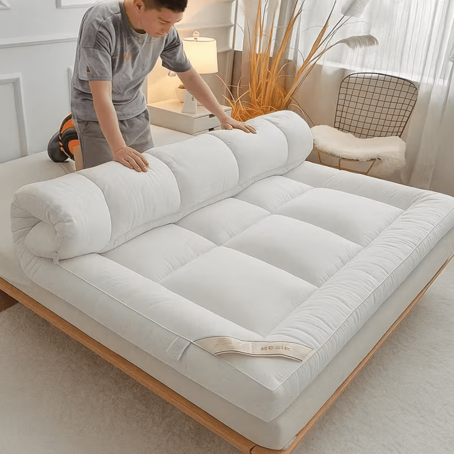 1pc Extra Thick Mattress Topper, Overfilled with 10cm Microfiber Filling with Deep Pocket, Plush Soft Pillow Top Mattress Topper Anti-Shift & Even Weight Distribution Single/Double/King/Super King