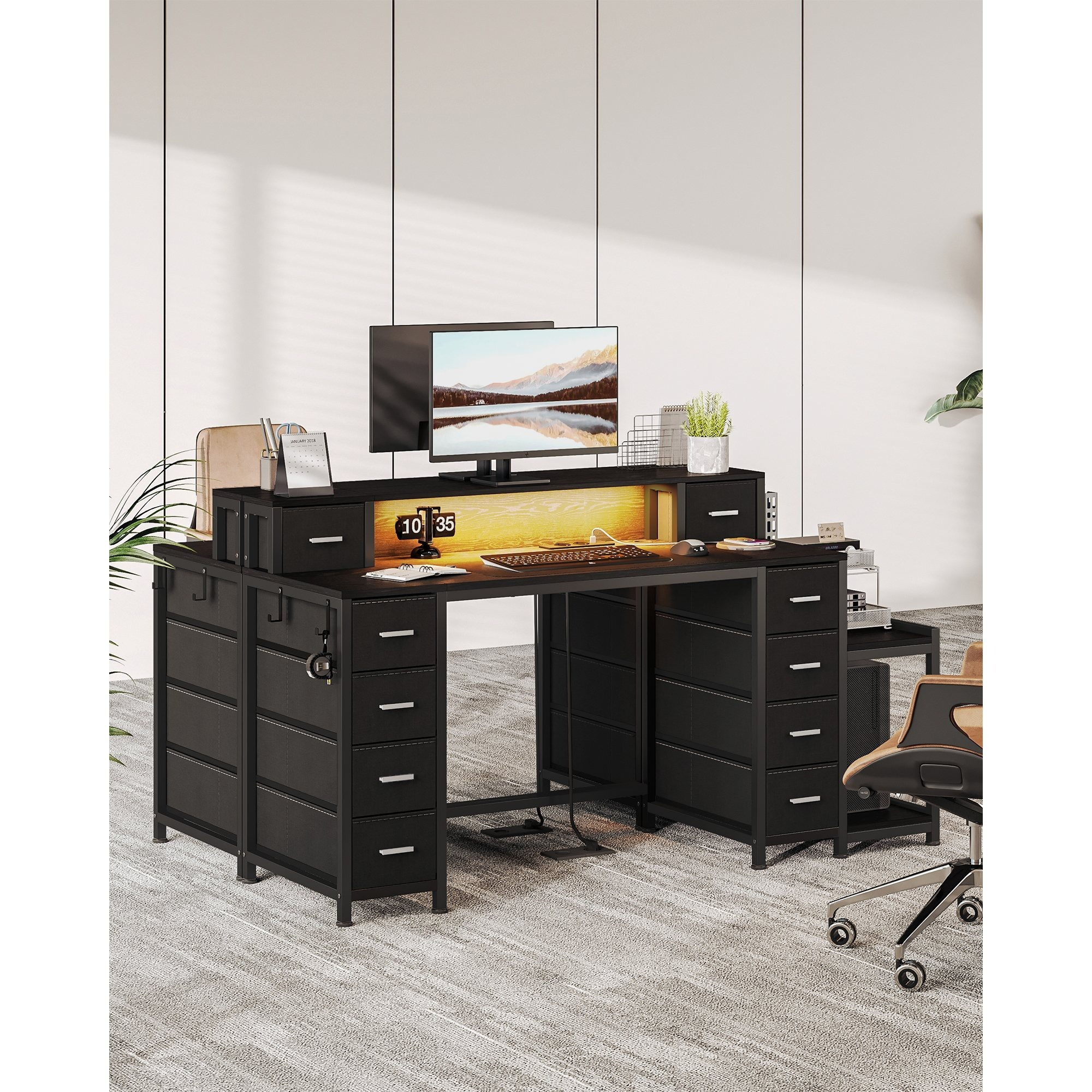 Desk, 128 X 48 Cm Computer Table, Gaming Table With Led, 2 Sockets + Usb Port, 10 Drawers And Monitor Stand, For Office, Study, Bedroom, Black.