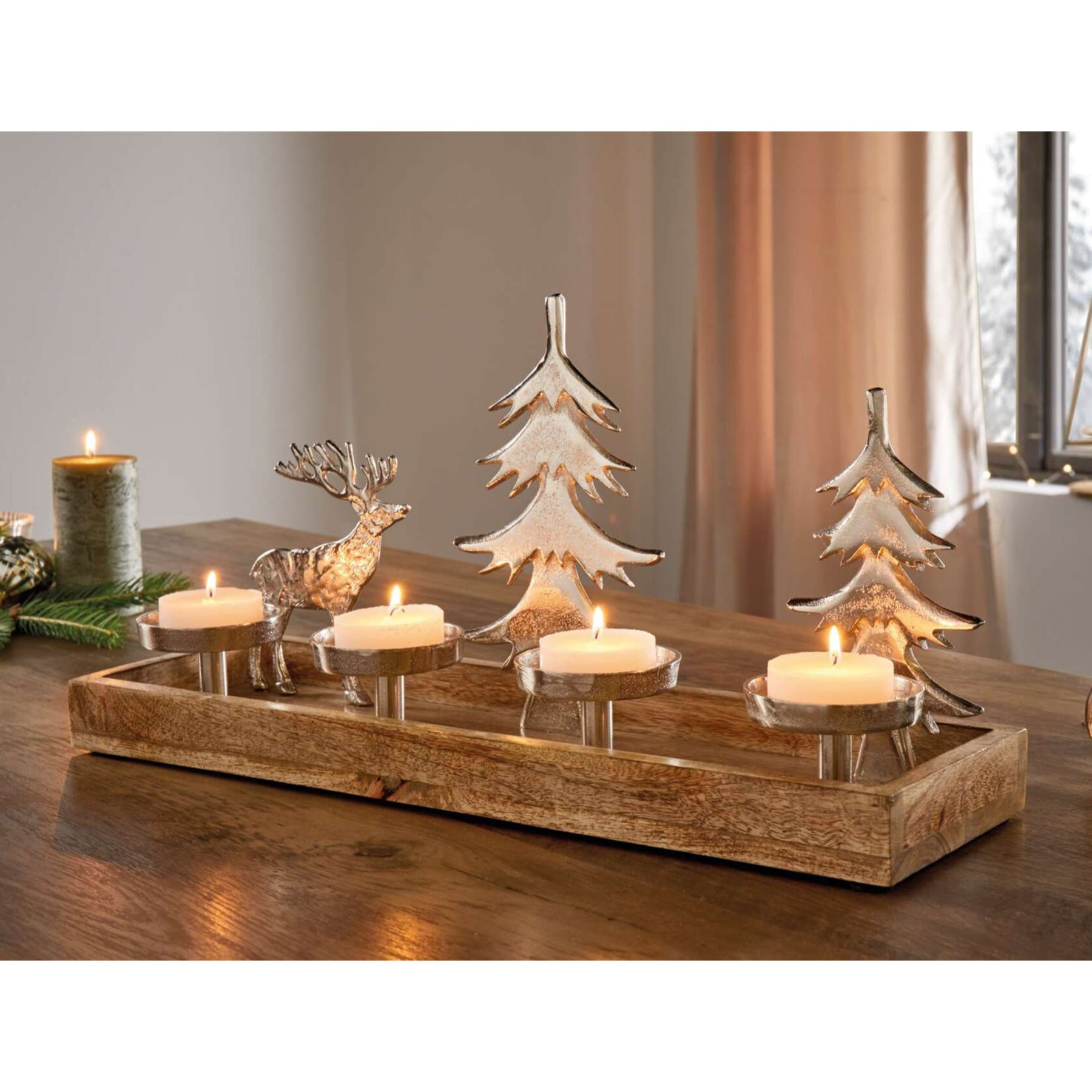 Image of Lighter Board "reindeer & Fir" Made Of Mango Wood & Aluminum With Candle Holder For 4 Candles, 50 Cm Wide Christmas Decoration, Wooden Advent Wreath, Candle Plate For Stump Candles.