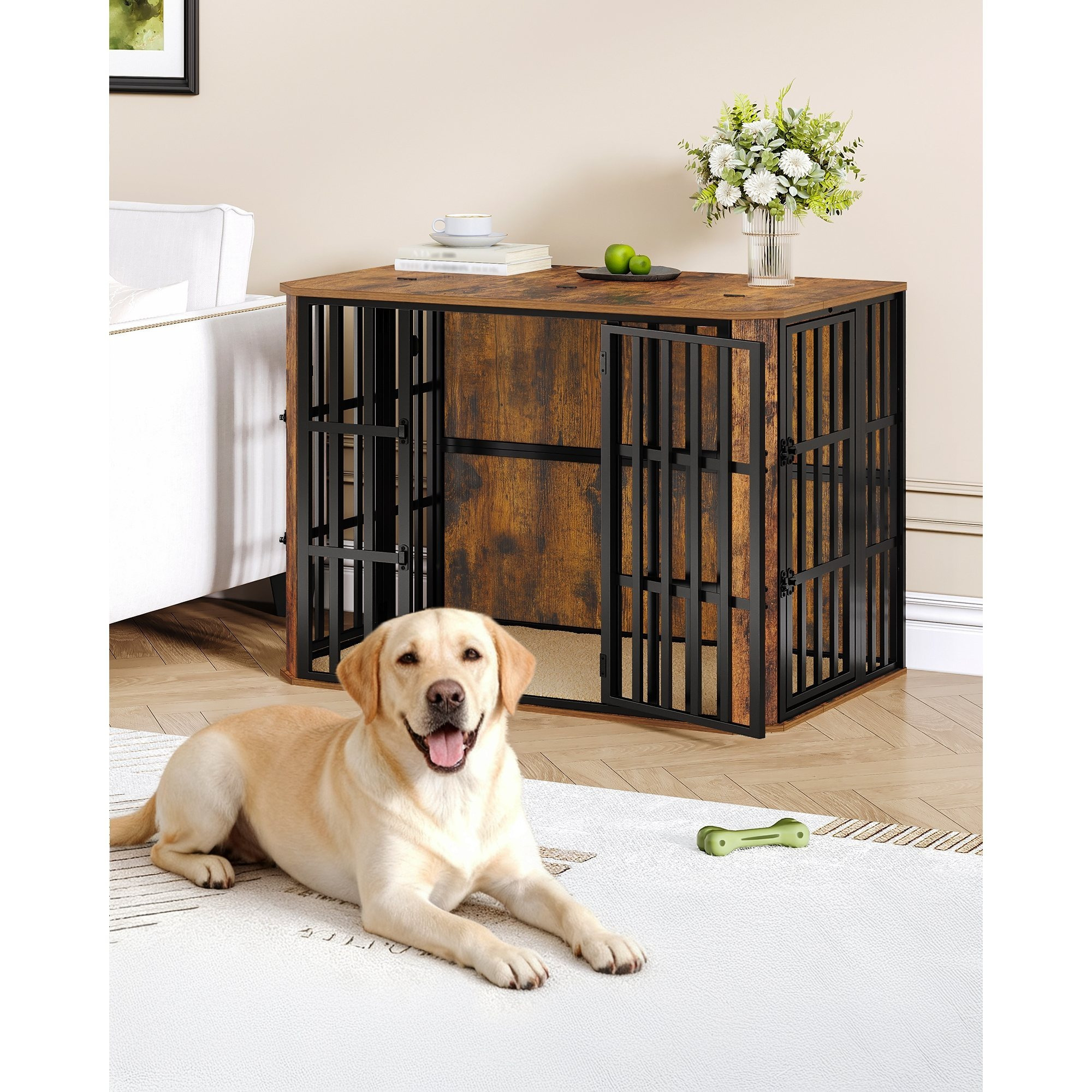Dog Cage Furniture, Wooden Dog Box For Indoor Use With Top Feeding Door, Multi-door Design, Dog Cage Side Table For Medium And Large Dogs, 108 X 77 Cm, .