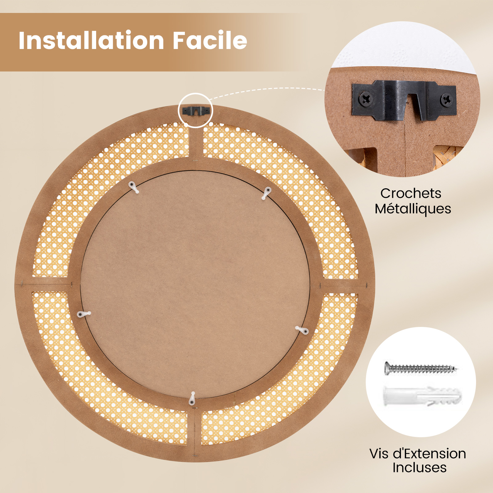 Image of Rattan Round Wall Mirror, 65 Cm Wooden Framed Mirror With Aluminum Glass, Metal Hook & Expansion Screws, Decorative Mirror For Living Room, Fireplace, Bedroom, Entryway, Natural
