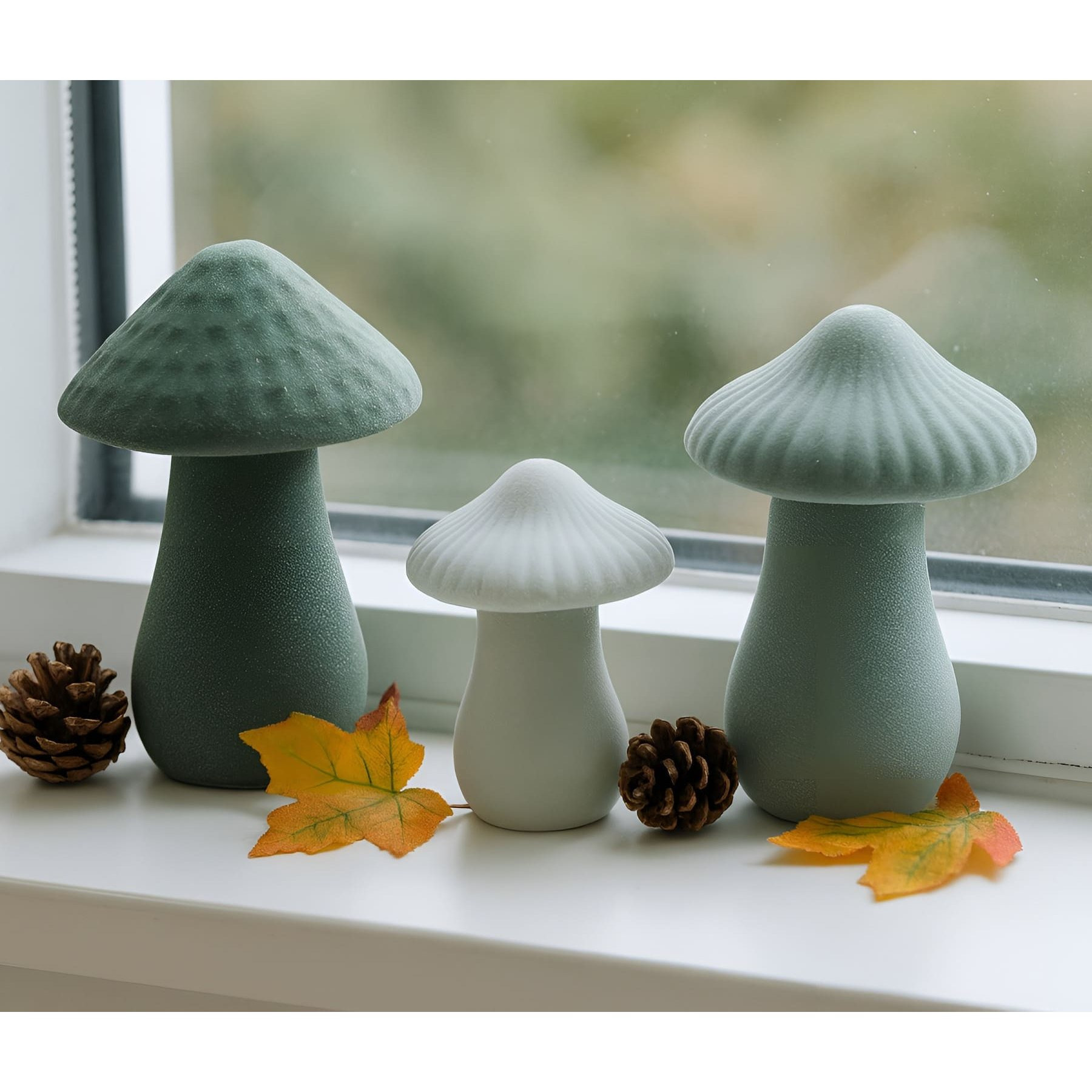 Image of 3x "green" Porcelain Mushrooms, Autumn Decor, 8 + 12 Cm Tall, Large Decorative Mushrooms, Mushroom Figurine Set, Mushroom Decor