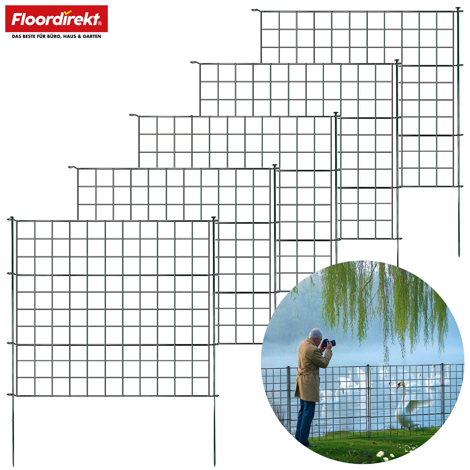 E-shop FLOORDIREKT Gitterzaun - 5-teliges Metall-Steckzaun-Set - als Teichzaun, Gartenzaun, Steckzaun, Komplettset - zum Stecken für Garten - als