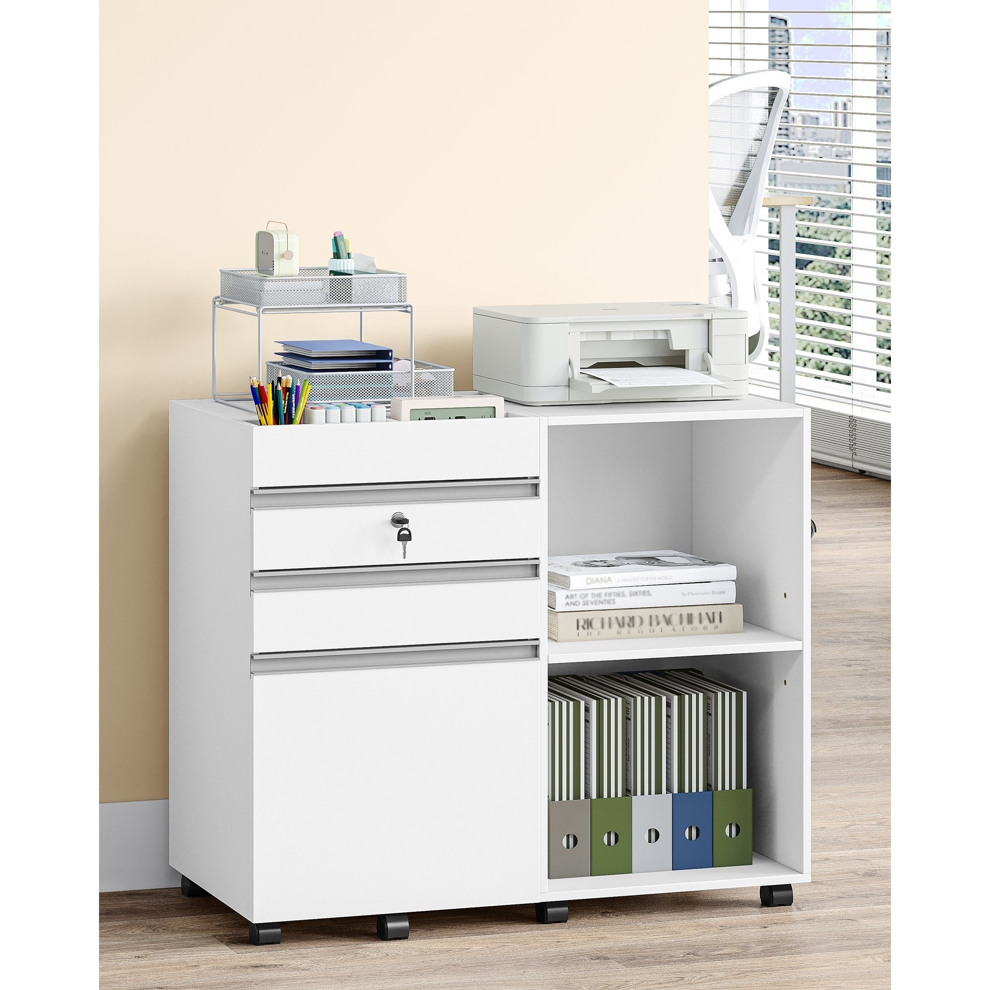 Rolling Container, File Cabinet, Lockable Office Cabinet With 3 Drawers, 2 Open Compartments, Drawer Cabinet For A4, Letter, Suitable For Office, Home Office, White