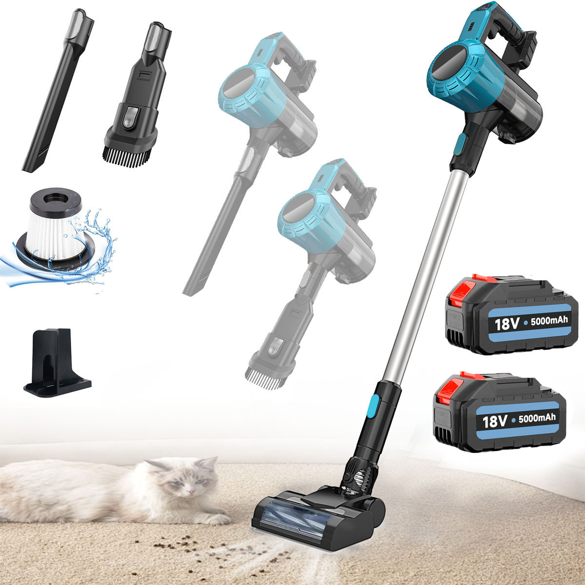 3in1 Cordless Vacuum Cleaner Compatible with Makita 18V Battery, With 2X Rechargeable Batteries, LED Display, Lightweight Handheld Vacuum Cleaner for Carpet, Hardwood Floor, Pet Hair, Car