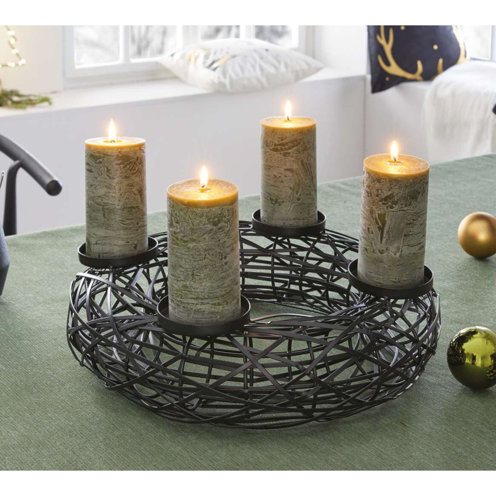 Modern Black Metal Advent Wreath, Ø 38 Cm, Round Christmas Wreath With Candle Holder For 4 Taper Candles