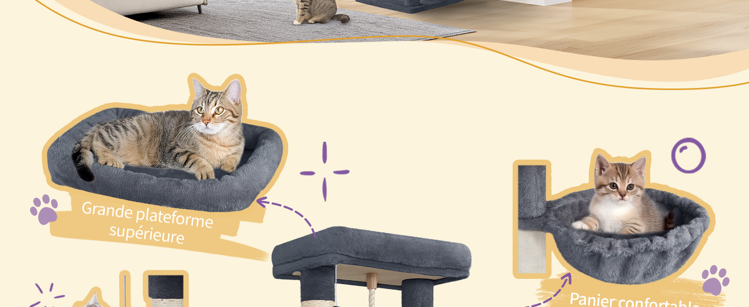 Arbre à Chat Hauteur 149 cm, Tour de Jeux pour Chats, Griffoir avec Grandes Plateformes, 5 Poteaux à Griffer, 3 Pompons, 1 Hamac, 1 Niche, Multi-Niveaux, Gris Foncé