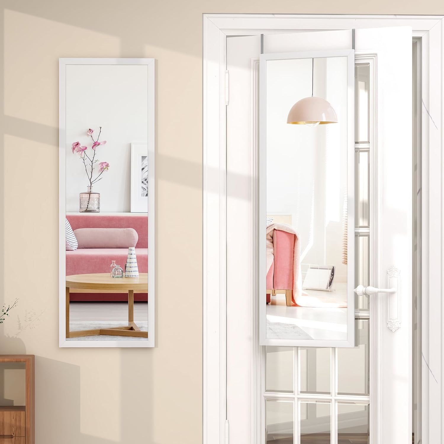 Image of Full Length Mirror For Wall, Iron Thin Frame 42" X 14", Over The Door Mirror With 2 Sets Of Height Adjusting Hanging Hooks For Bedroom, Bathroom, Dorm, Entryway, Easy Assembly