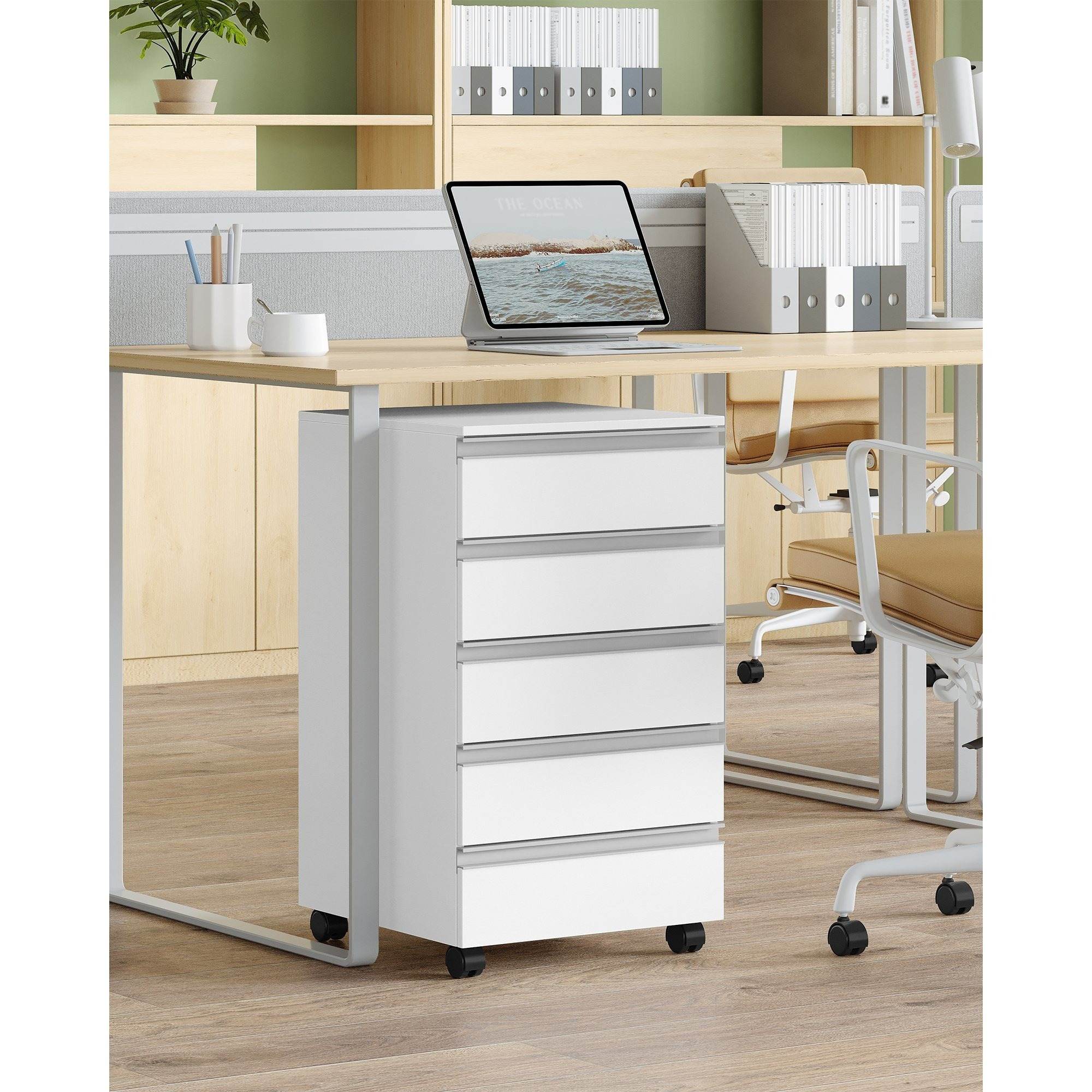 E-shop Rollcontainer, Aktenschrank, Schubladenschrank mit 5 Schubladen, Lagerschrank für Büro und Homeoffice, Weiß
