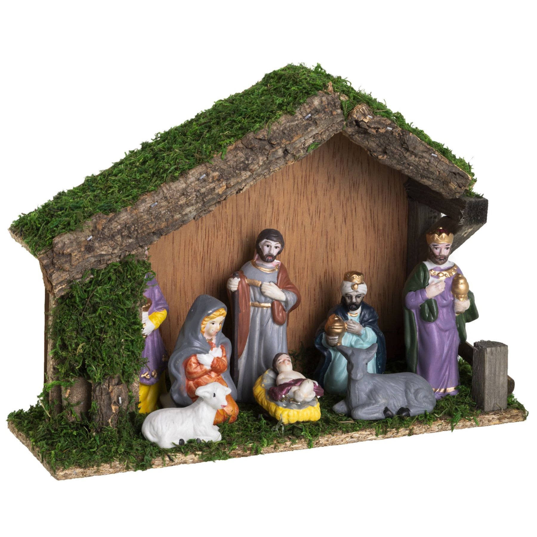 Wooden Nativity Scene With Moss + 8 Porcelain Figures, Christmas Figurines, Christmas Decor