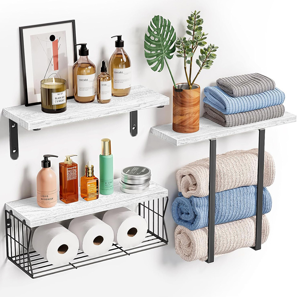 TEMU 3pcs Wall Mounted Shelf Set - Wood Vertical Storage Organizer Above Toilet, Space Saving Bathroom Shelves For Small Bathrooms, Towel & Decor