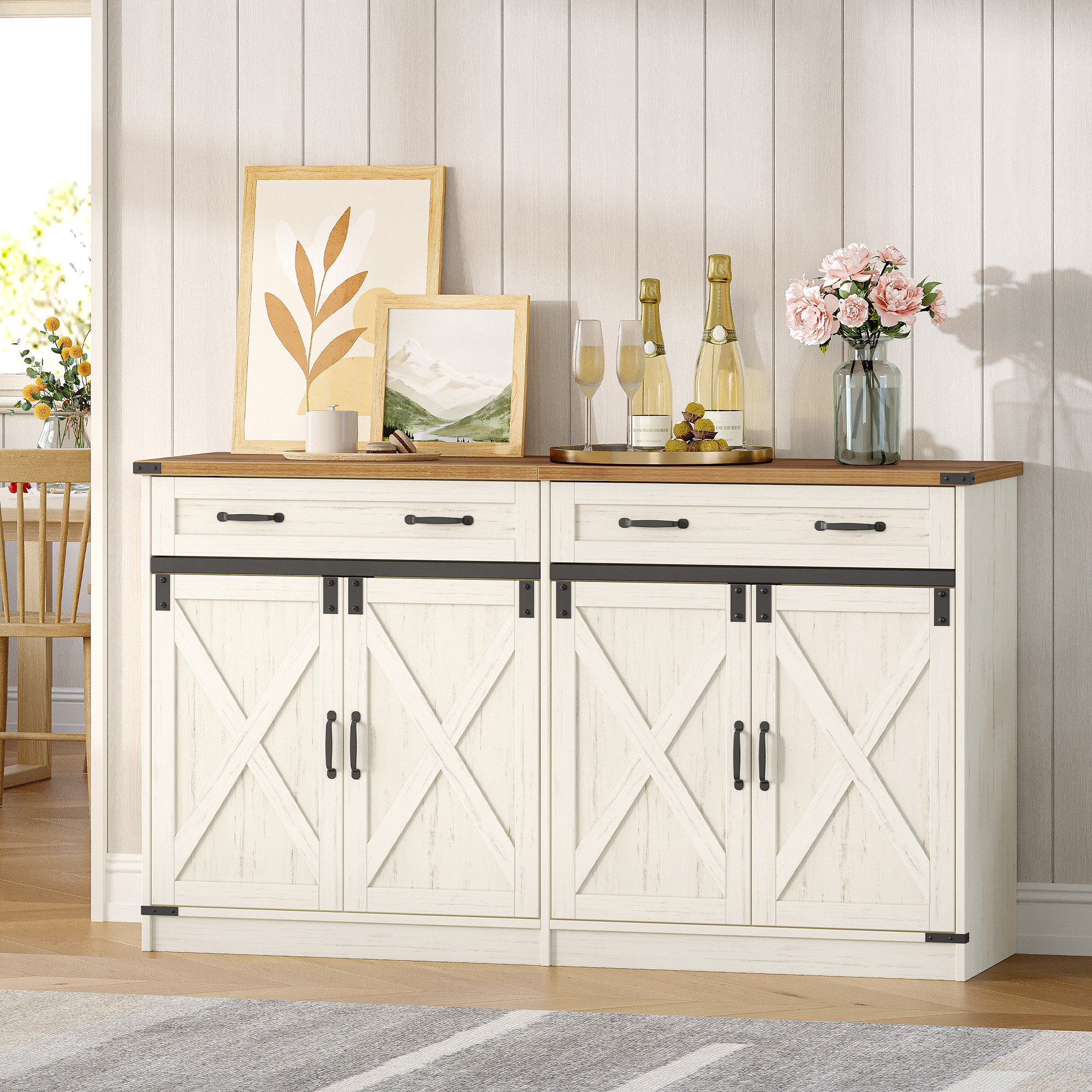 Image of Kitchen Cabinet, Sideboard With 1 Drawer, Storage Cabinet With 2 Doors, Adjustable Shelves, Country Style, Kitchen, Living Room, 40 X 140 X 80 Cm, -white.